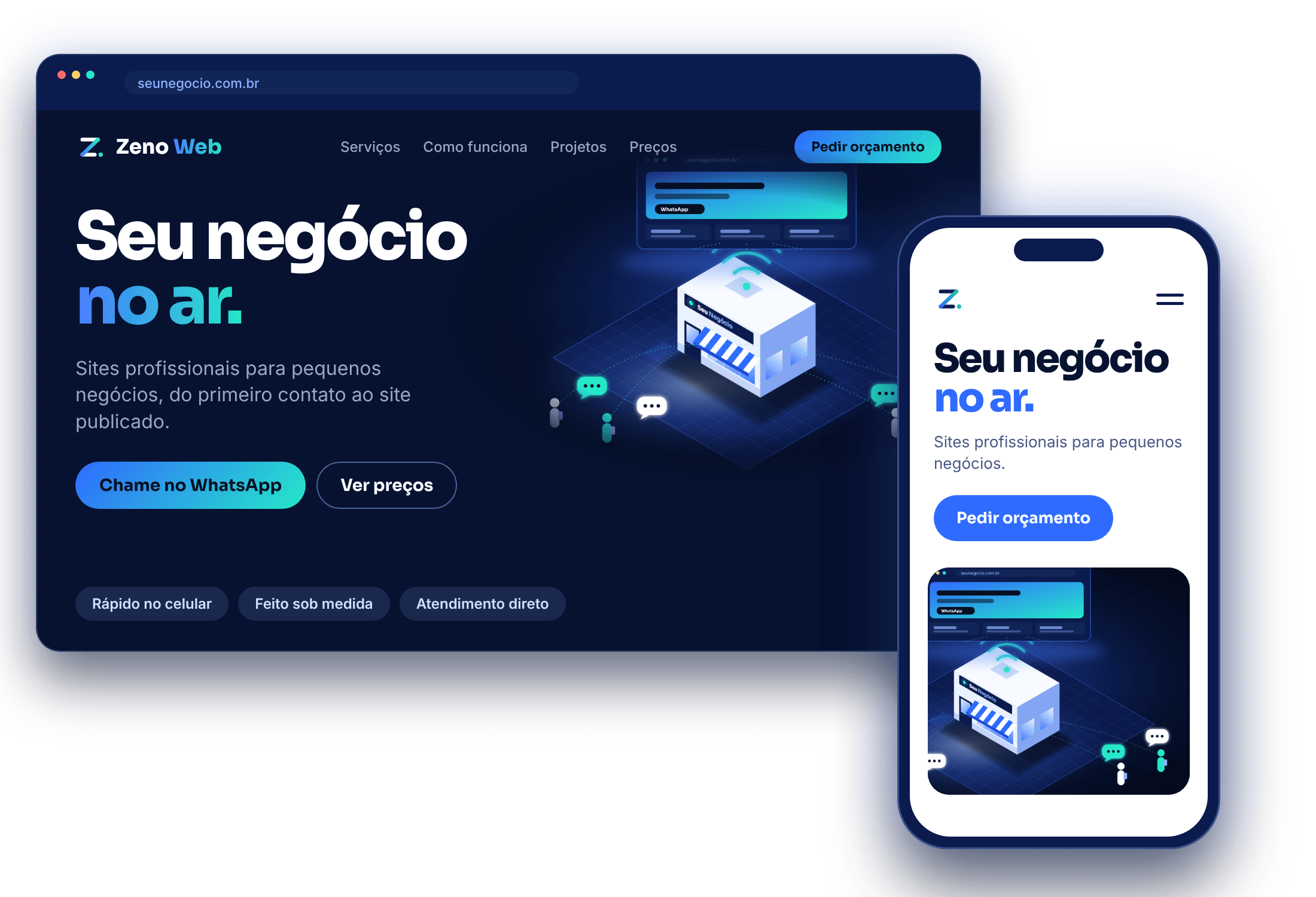 Exemplo de site desenvolvido pela Zenno Web, apresentado em um computador e em um celular, com o botão de WhatsApp em destaque.