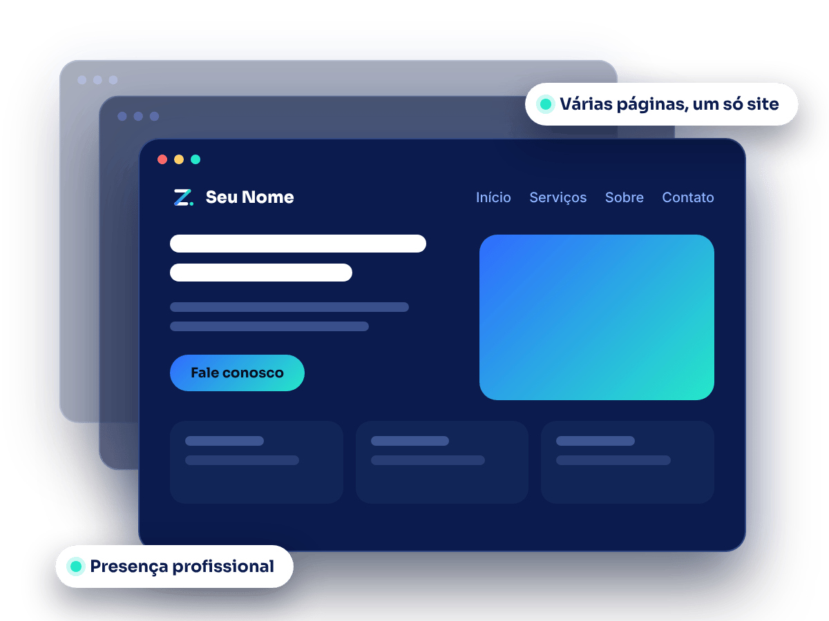Ilustração de um site institucional com menu de Início, Serviços, Sobre e Contato.